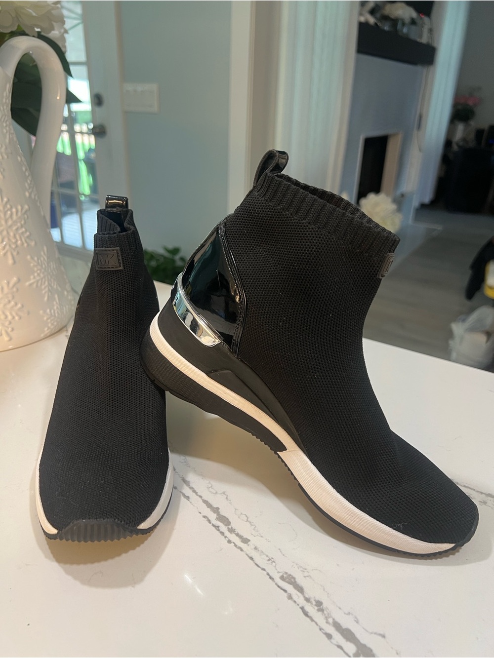 Michael Kors Black Knit Sock Sneakers with Silver Heel Accent size 7
